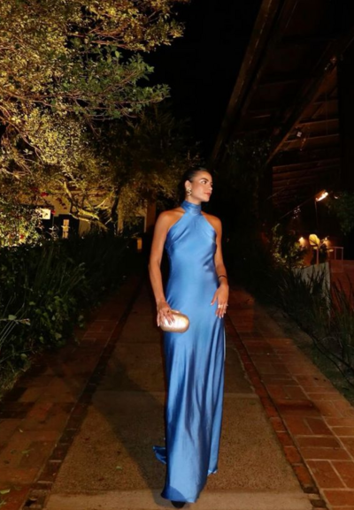 Sheath Blue Open Back Evening Gowns