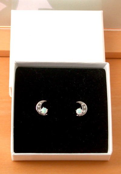 BOXED GIFT/Sterling Silver White Opal Crescent Moon Earrings/Opal Stud Earrings/Silver Moon Earrings/Opal Jewellery/Opal Jewelry/October Birthstone/UK