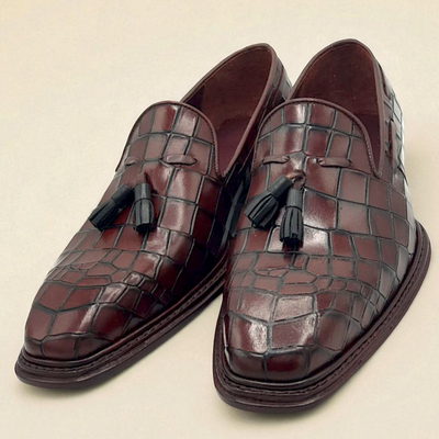 Crafted leather classic brown crocodile leather tassel loafers dress shoes - Thumbnail 3