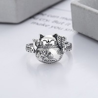 S925 sterling silver vintage distressed matte craft lucky cat ring - Thumbnail 1
