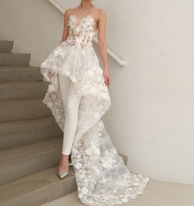 Illusion Two Piece Round Neck High Low Wedding Jumpsuit with Lace Appliques