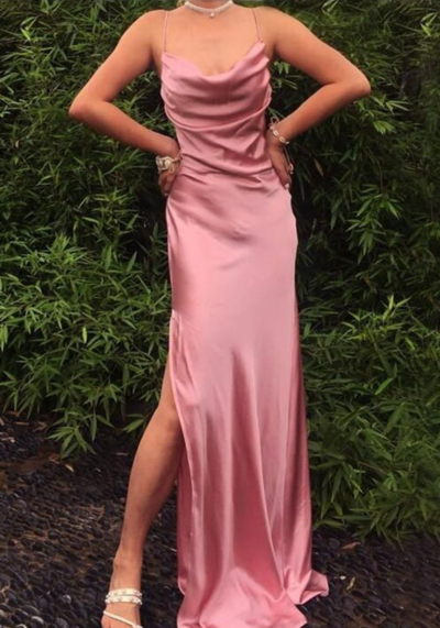 A-Line Pink Straps Soft Satin Long Evening Dresses