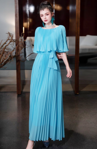 A-line Blue Chiffon Long Wedding Party Dress