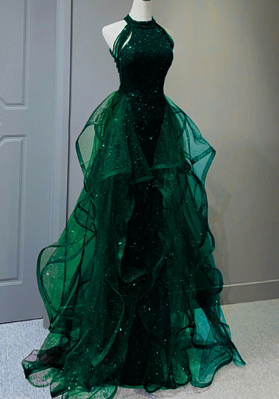 Halter A Line Green Sequins Tulle Long Party Dress, Evening Dress