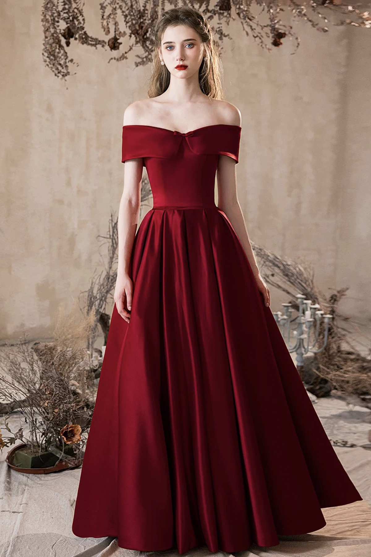 Burgundy Satin Long A-Line Prom Party Dress