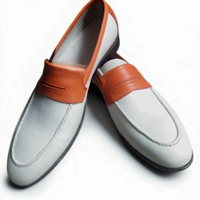 Crafted leather classic white tan leather moccasin loafers dress shoes - Thumbnail 2