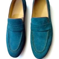 Crafted Leather Classic Blue Suede Leather Moccasin Loafers Dress Shoes - Thumbnail 3