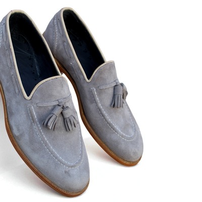 Crafted leather classic genuine gray suede leather tassel loafers dress shoes - Thumbnail 2