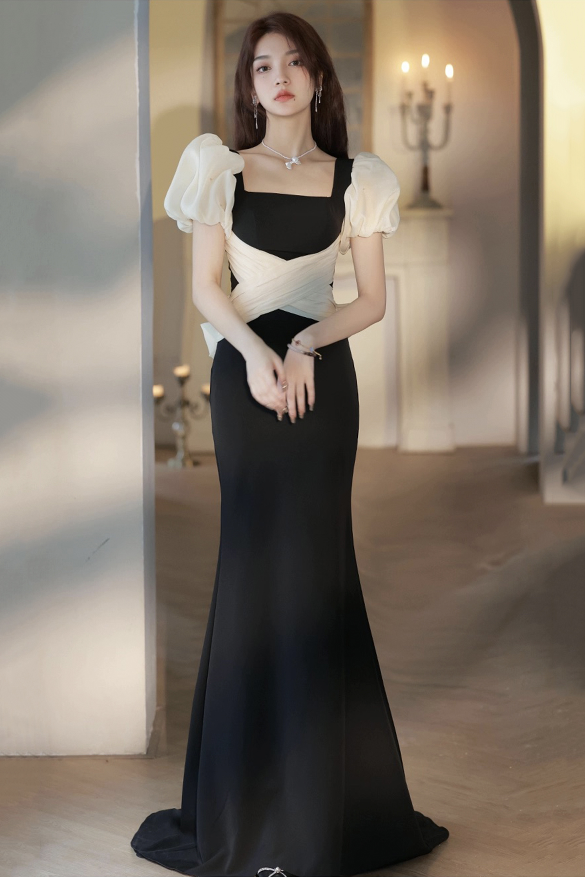 Mermaid Long Prom Dress, Black Short Sleeve Evening Party Dress