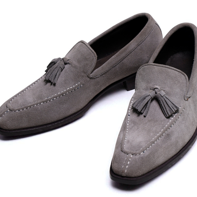 Crafted leather classic genuine gray suede leather tassel loafers dress shoes - Thumbnail 2