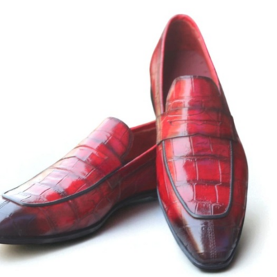Crafted leather classic red crocodile leather moccasin loafers dress shoes - Thumbnail 2