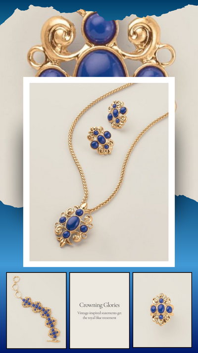 Royal Blue Crown Statement Necklace and Earring Set