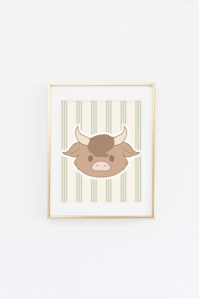 Highland Cow on Green Stripes Print