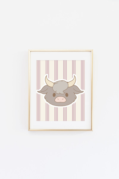 Highland Cow on Purple Stripes Print