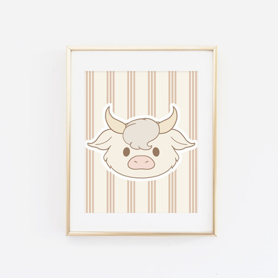 Highland cow on mocha stripes print - Thumbnail 1