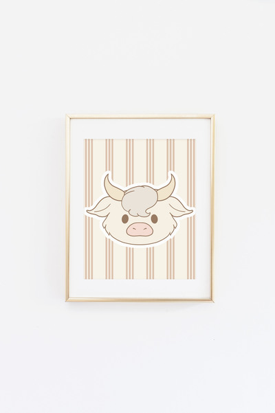 Highland Cow on Mocha Stripes Print