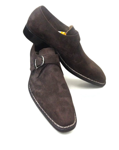 Crafted Leather Classic Brown Suede Leather Monk Strap Dress Shoes