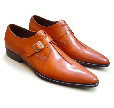 Crafted Leather Classic Men Brown Leather Pointed Toe Monk Strap Dress Shoes