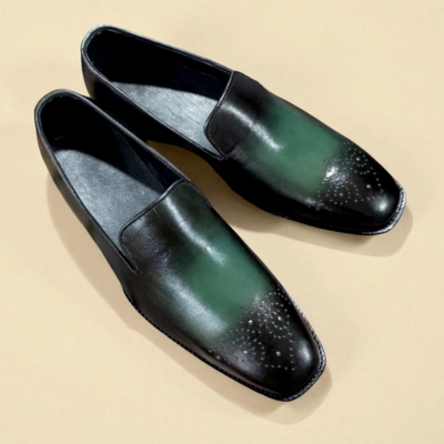 Crafted leather classic men green patina loafers dress shoes - Thumbnail 2
