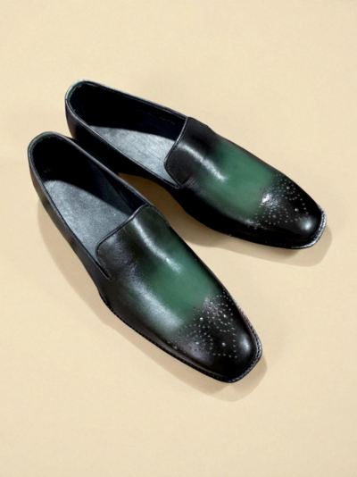 Crafted Leather Classic Men Green Patina Loafers Dress Shoes