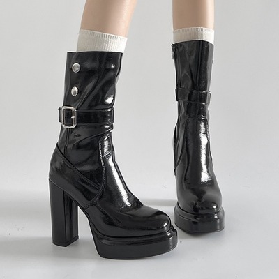 Chic Patent Leather Buckles Up Chunky Heeled Boots