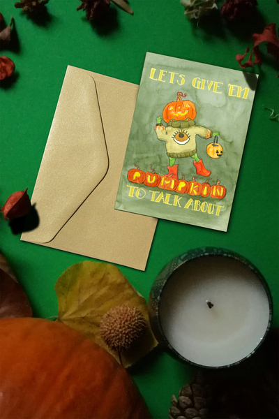 Halloween card with frog and Jack-o'-lantern