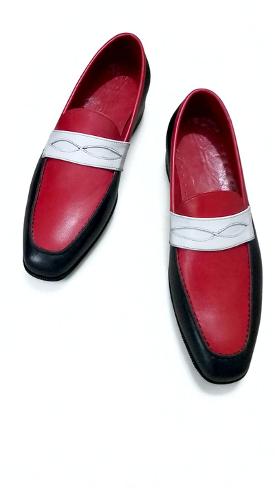 Crafted Leather Classic Men Tri Tone Leather Black White and Red Leather Moccasin Loafers Dress Shoes