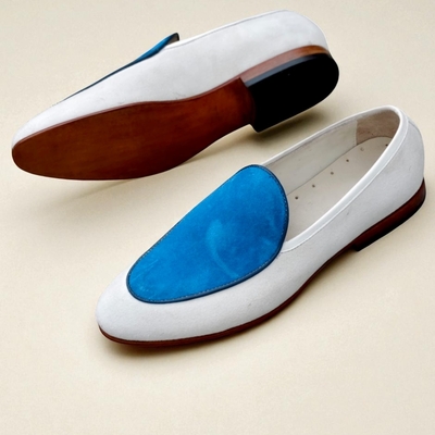 Crafted leather classic white blue suede leather moccasin loafers dress shoes - Thumbnail 1