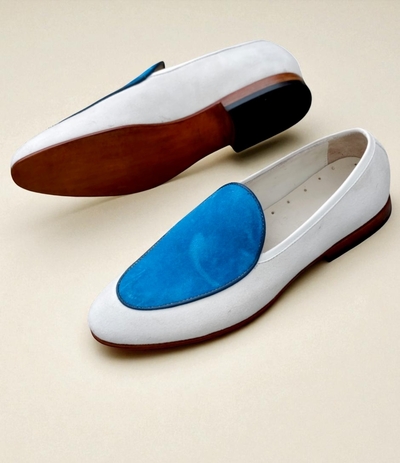 Crafted Leather Classic White Blue Suede Leather Moccasin Loafers Dress Shoes