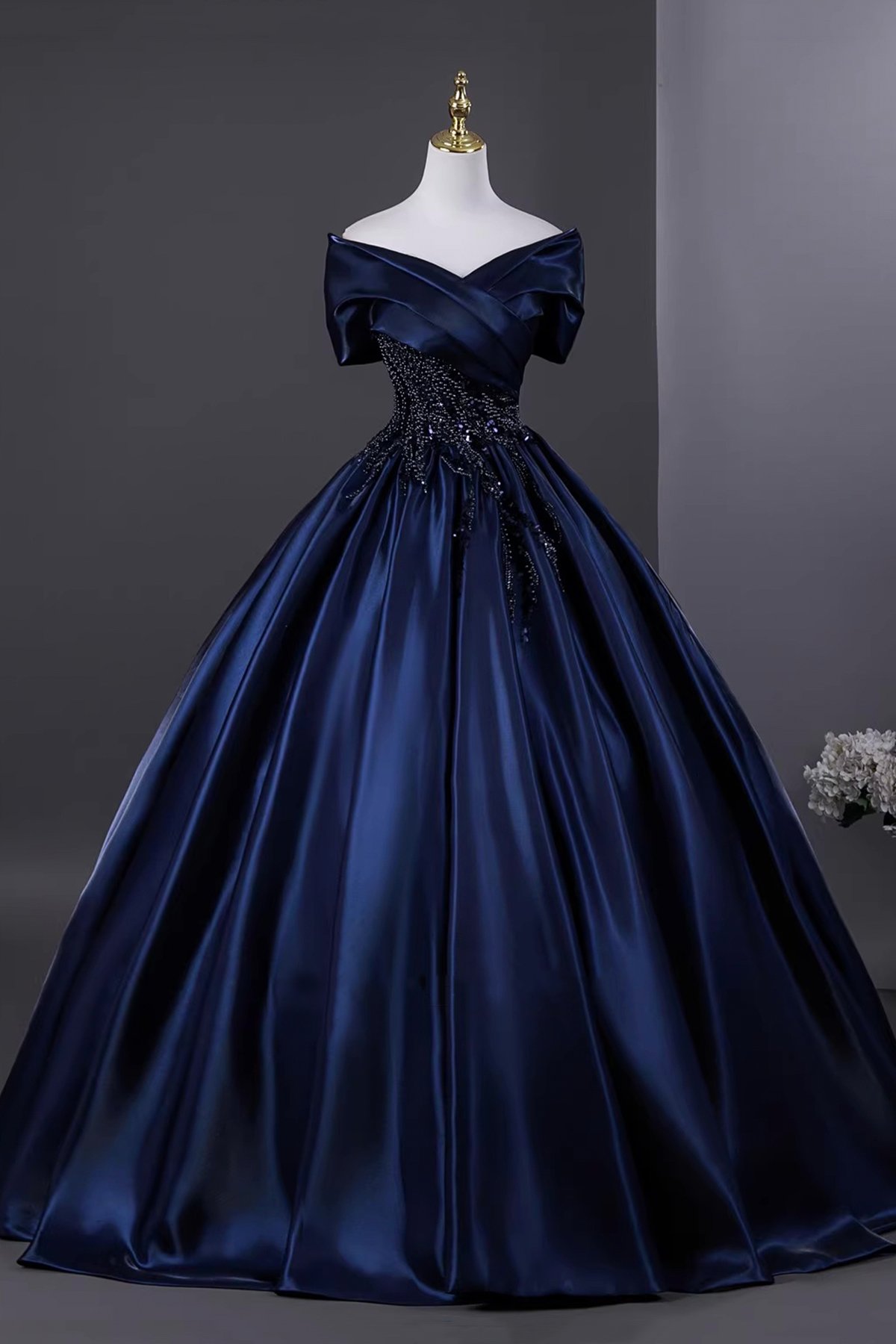 Navy Satin Beads Long Prom Evening Dress