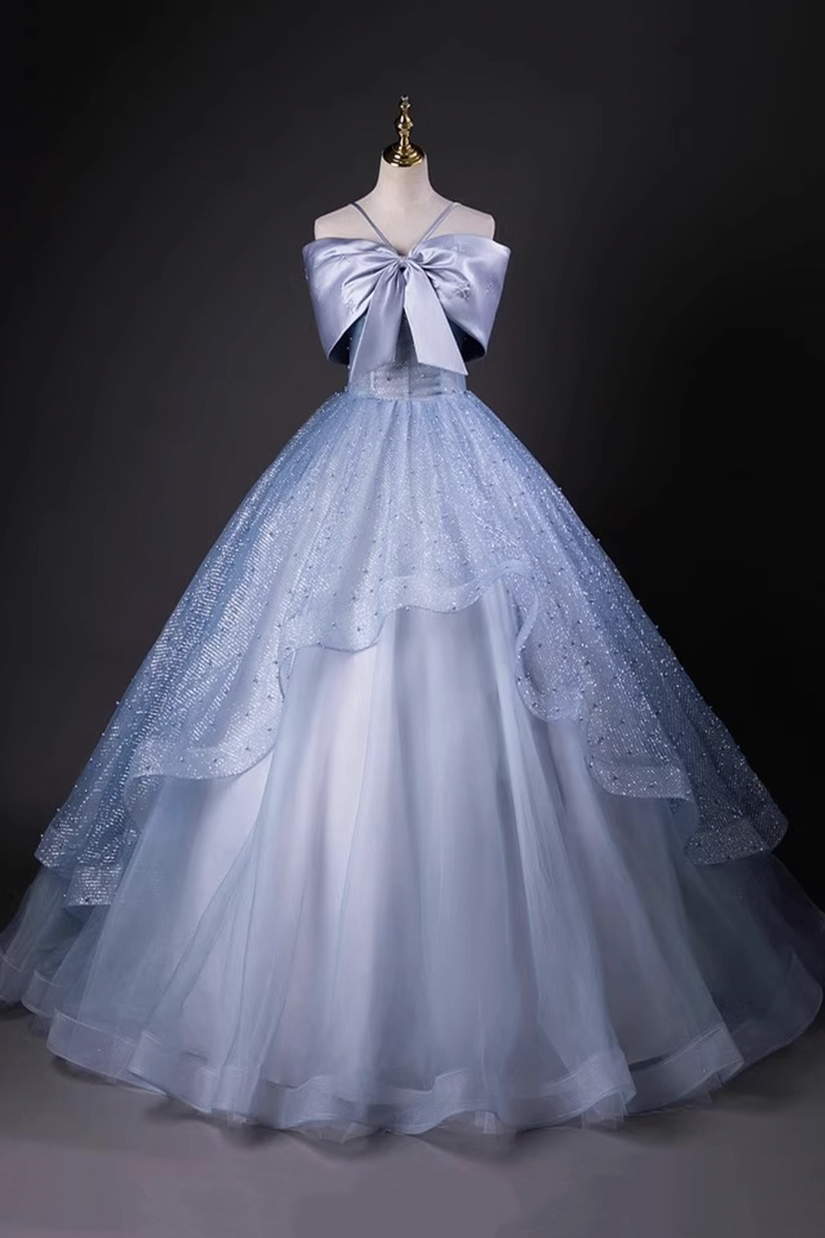 Elegant Blue Tulle Long A-Line Prom Evening Dress