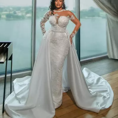 Off white bridal gowns, white satin wedding dresses: mermaid trumpet bridal gowns, o-neck long sleeve satin wedding dress with applique, beaded - Thumbnail 1