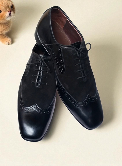Crafted Leather Classic Men Black Calf Suede Leather Wingtip Dress Shoes