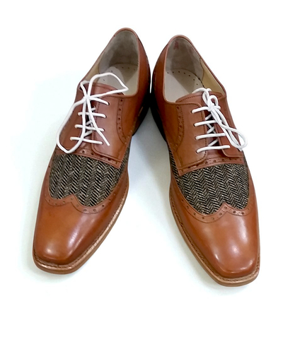 Crafted Leather Classic Brown Leather and Tweed Contrast Wingtip Oxford Dress Lace up Shoes