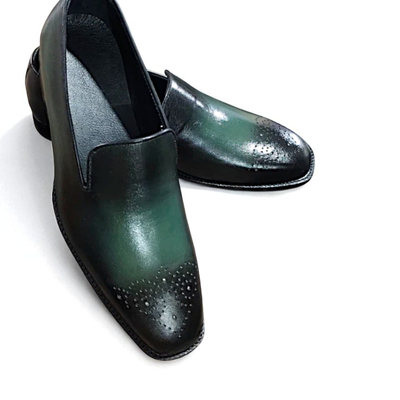 Crafted leather classic men green leather moccasin formal loafers dress shoes - Thumbnail 2