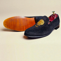 Crafted Leather Classic Black Velvet Loafers Moccasin Loafers Dress Shoes - Thumbnail 1