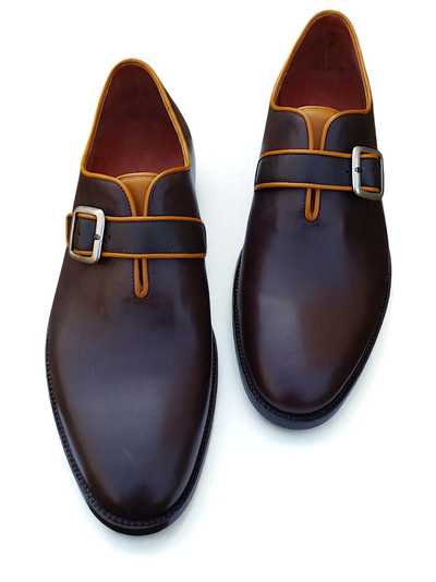 Crafted Leather Classic Men Brown Leather Monk Strap Dress Shoes