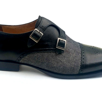 Crafted Leather Classic Black Leather and Tweed Contrast Double Monk Strap Dress Shoes - Thumbnail 1