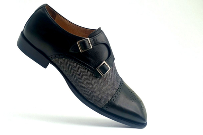 Crafted Leather Classic Black Leather and Tweed Contrast Double Monk Strap Dress Shoes