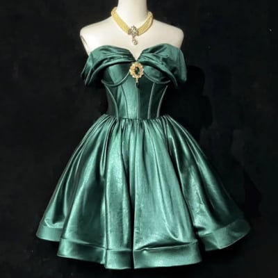Green satin short a-line prom party dress - Thumbnail 1