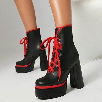 Color Block Lace Up Platform Chunky Heeled Boots