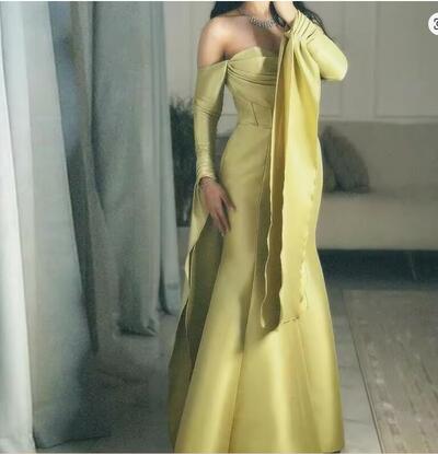 Customized Temperament Satin Mermaid Off the Shoulder Evening Dress High Quality Floor Length Long Sleeves vestidos de