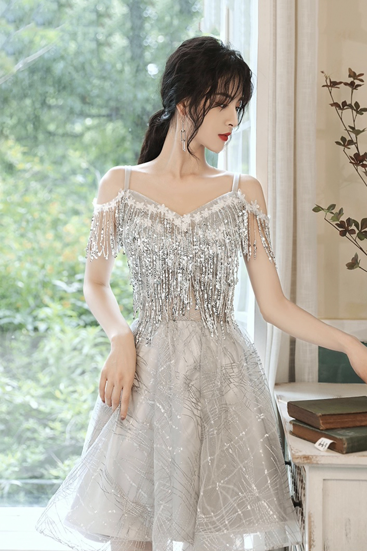 Gray Tulle Seqins Short A-Line Prom Party Dress