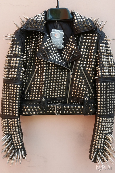 Crafted Leather New Women's Punk Rock Full Black Long Spiked Studded Brando Rusty Leather Jacket