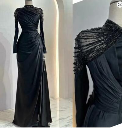 Customized Exquisite High Collar Sheath Evening Dresses Beading Fold s Vertically Hugging Floor length Prom Dress