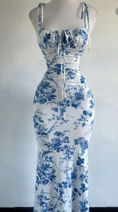 Charming Blue Print New Long Prom Dresses