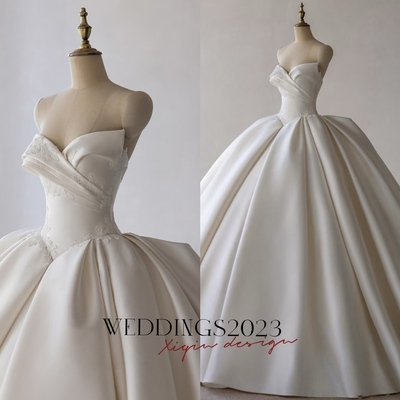 Elegant classic satin long train wedding dress, modern satin sweetheart bridal gown, fashionable satin wedding dress