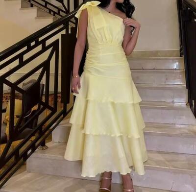 Customized Pastrol Bow A-line One-shoulder Midi Dresses Homecoming Dresses Chinese Style Formal Casual Simple Retro Fashion High