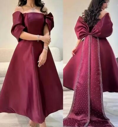 Customized Bow Sequined Beading Ruched Party A-line Off-the-shoulder Prom Dress Evening Formal Gown Midi Dresses