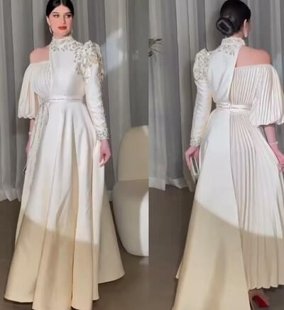 Customized Flower Sequined Beading Draped Valentine's Day A-line High Collar Evening Formal Prom Dress Long Dresses